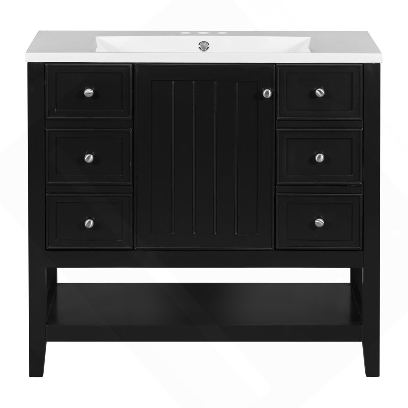 Ensemble de meuble-lavabo 36 po avec lavabo, une armoire et trois tiroirs, bois massif et panneau de fibres à densité moyenne, noir