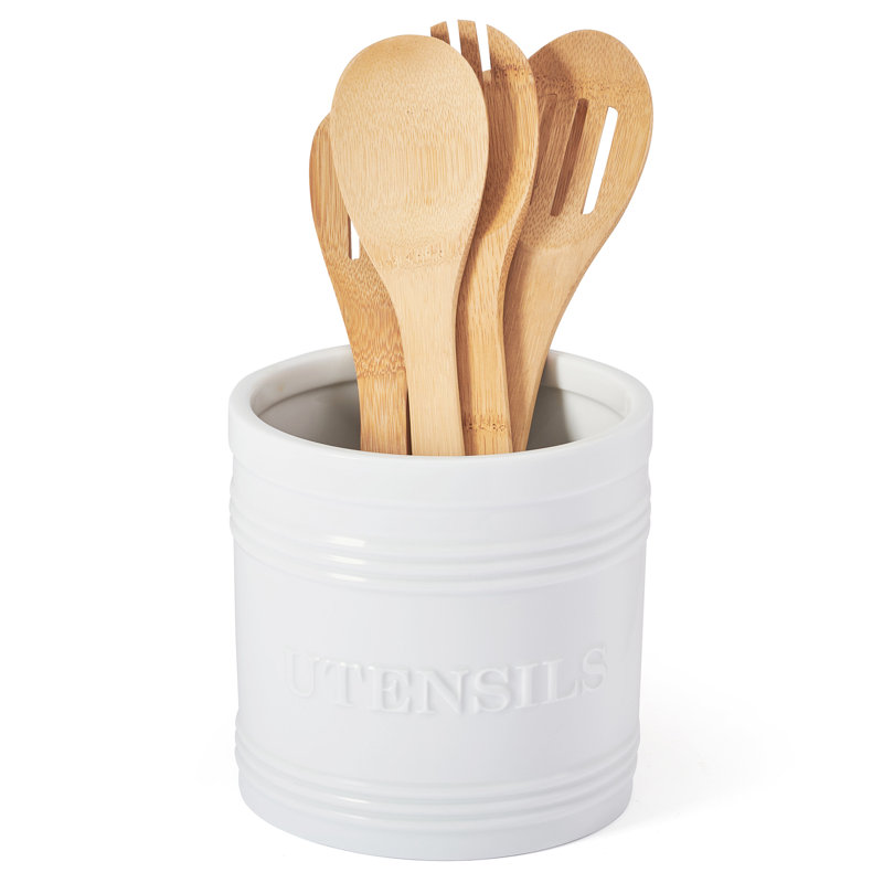 White Ceramic Bistro Utensil Crock with Embossed Design