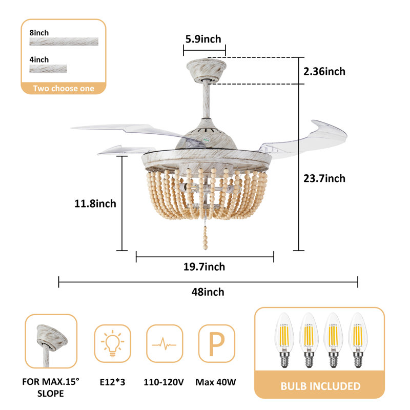 Ampoule de ventilateur de plafond de style maison de campagne rétractable 48 po Chirles incluse