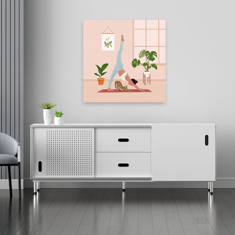 «Yoga with my cat», art mural moderne, 36" H x 36" W