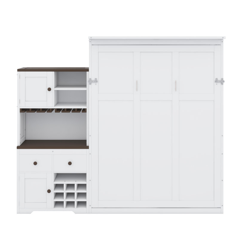 Lit escamotable avec système de rangement intégré, porte-bouteilles, porte-verres, tiroirs et bande d'éclairage à DEL, Blanc