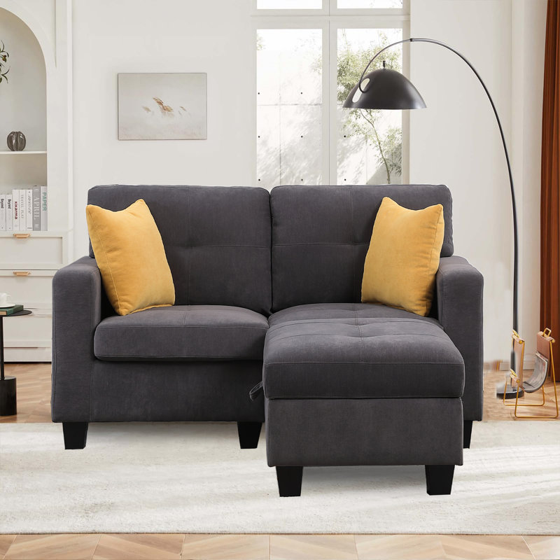 Chesham 60"W Upholstered Sofa With Storage Ottoman, Dark Gray Polyester Blend