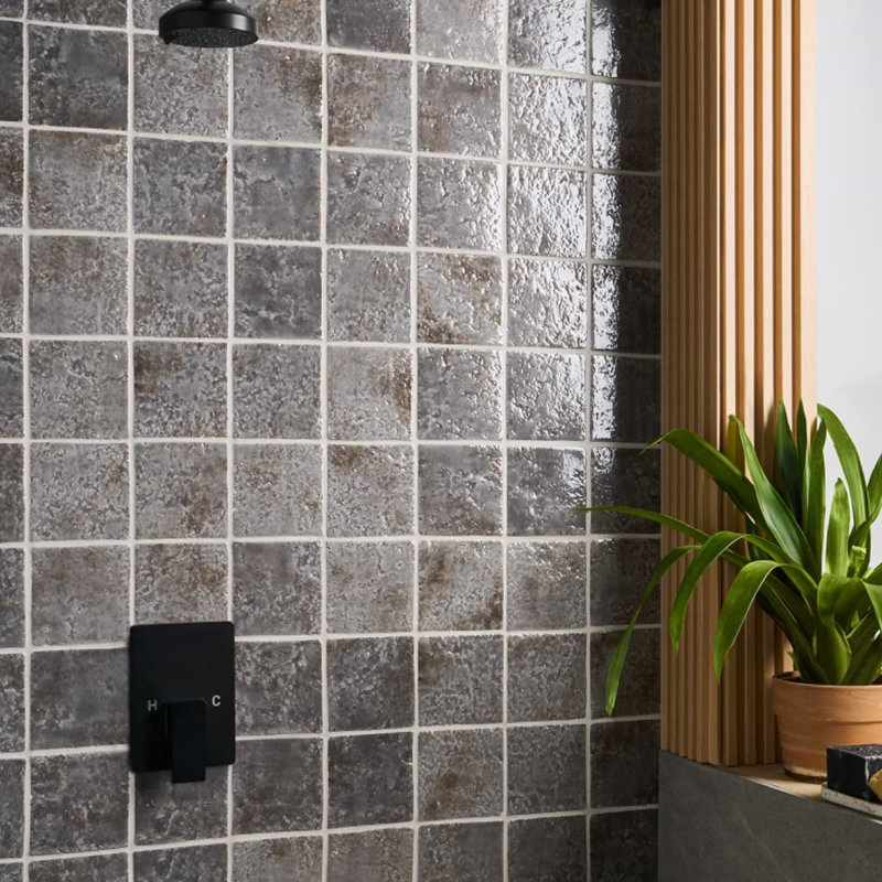 Greta 5x5 Glossy Textured Porcelain Tile, Smoke Gray