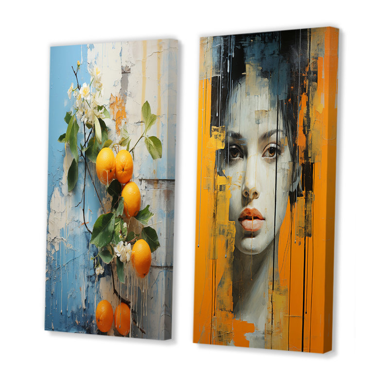 Tangerine Tapestry Orange Fruit - Fruits Canvas Prints Set Of 2, 28" H x 25" W, Wrapped Canvas