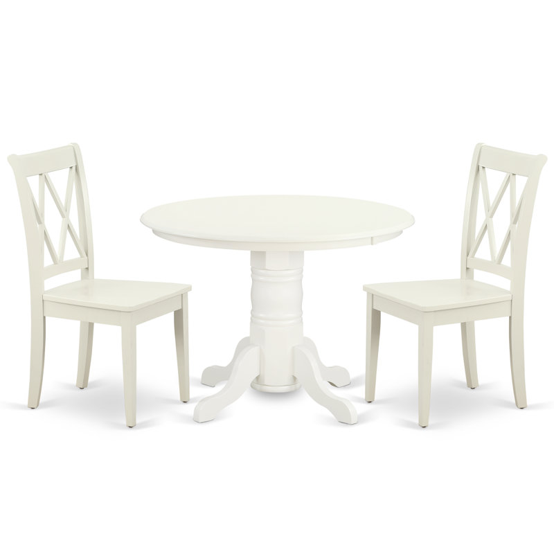 3 Piece Dining Table Set for Small Spaces Contains a Round Kitchen Table with Pedestal and 2 Dining Chairs, Linen White