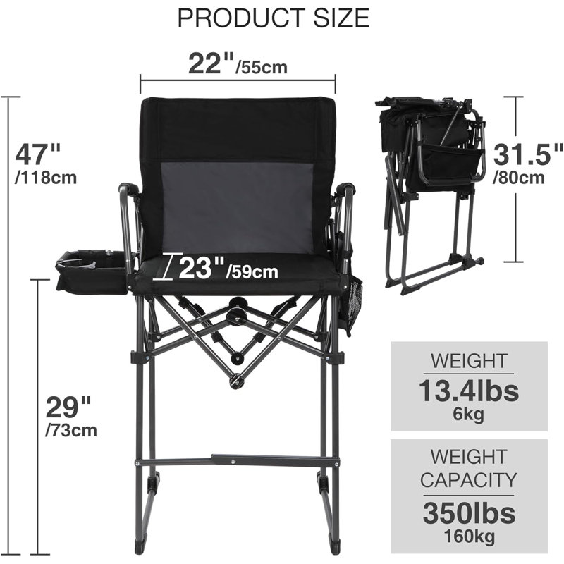 Oversized Tall Folding Camping Chair with Side Table, 30" Seat Height Bar Director Chair with Cup Holder & Footrest for Makeup Artist & Lawn, Supports 350LBS, Black