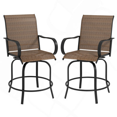 Outdoor Bar Stools With Armrests, Set Of 2 360° Swivel Bar Height Patio Chairs With High-Density Mesh Fabric, Steel Frame Dining Chairs For Balcony, Poolside, Backyard, Tan