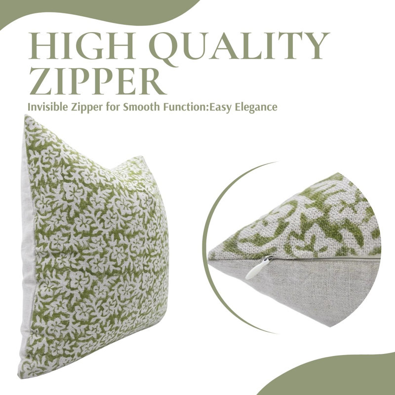 Linen Pillow Cover, 16" x 16", Green/White Floral 1, Square
