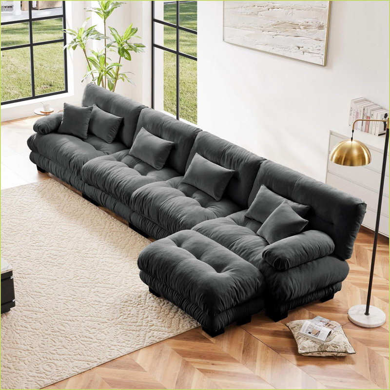 Sectional Sofa, 4-Seater L-Shaped Modular Couch with Convertible Ottoman, Cloud Comfort for Living Room | Slate Gray | Chenille