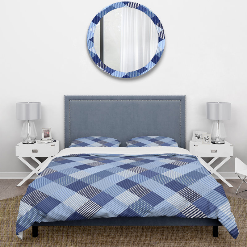 Imprimé pied-de-poule bleu - ensemble de housse de couette Mid-Century, Housse de couette très grand + 2 taies décorativ