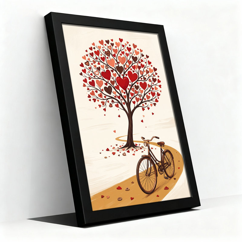«Red Heart Tree» avec bicyclette rétro, art mural sur toile, 24"H x 16"W