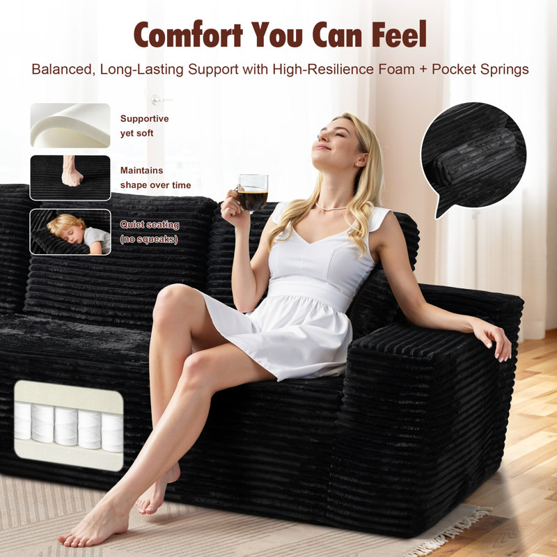 Canapé modulaire en U avec repose-pieds 163,39 "sans repose-pieds, disposition L / V / U, velours côtelé moelleux, Noir