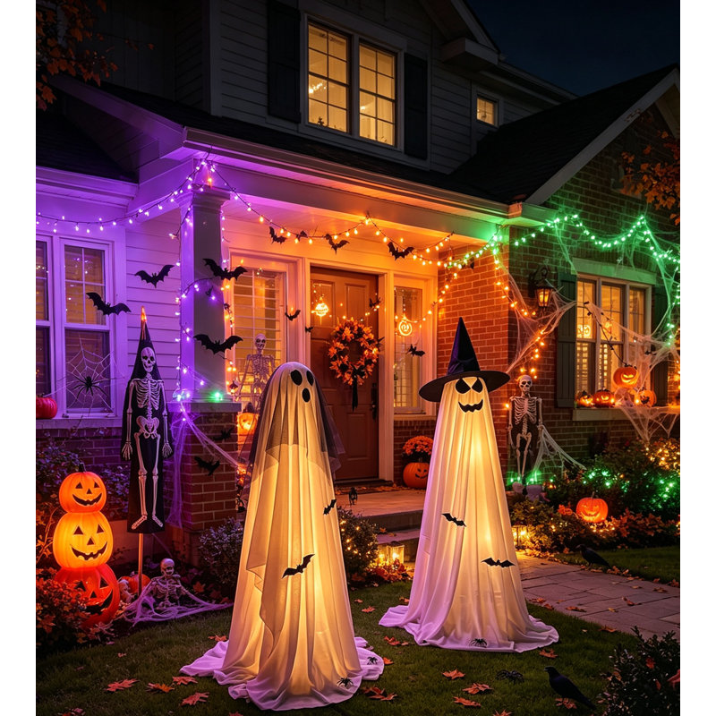 Lot de 2 décorations d'Halloween fantômes lumineuses, décorations de fête d'Halloween intérieures avec télécommande et minuterie, décor fantôme effrayant pour porche, jardin, terrasse et pelouse