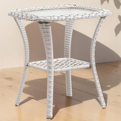 Petite table d'appoint pour l'extérieur - Capacité de poids de 50 lb Table d'appoint en osier avec rangement, plateau de table en verre trempé pour terrasse