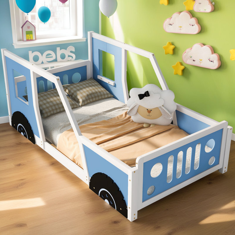 Classic Car-Shaped Platform Bed Immersive Customization Safe Sleep For Kids, Twin, Blue