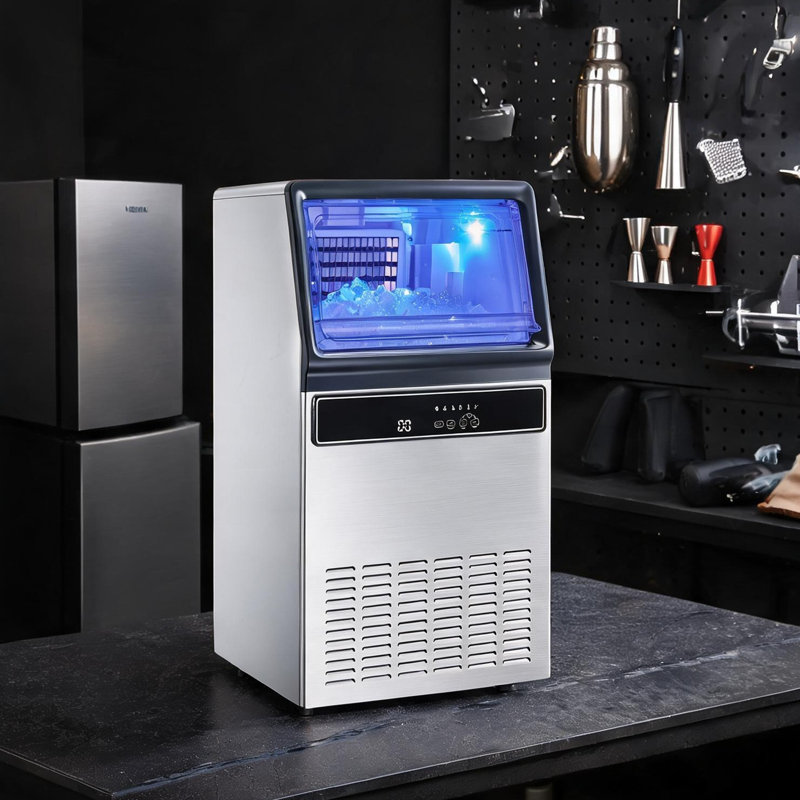 Machine à glaçons autoportante en acier inoxydable avec production quotidienne de 130 lb, argent poli, rangement de 33 lb