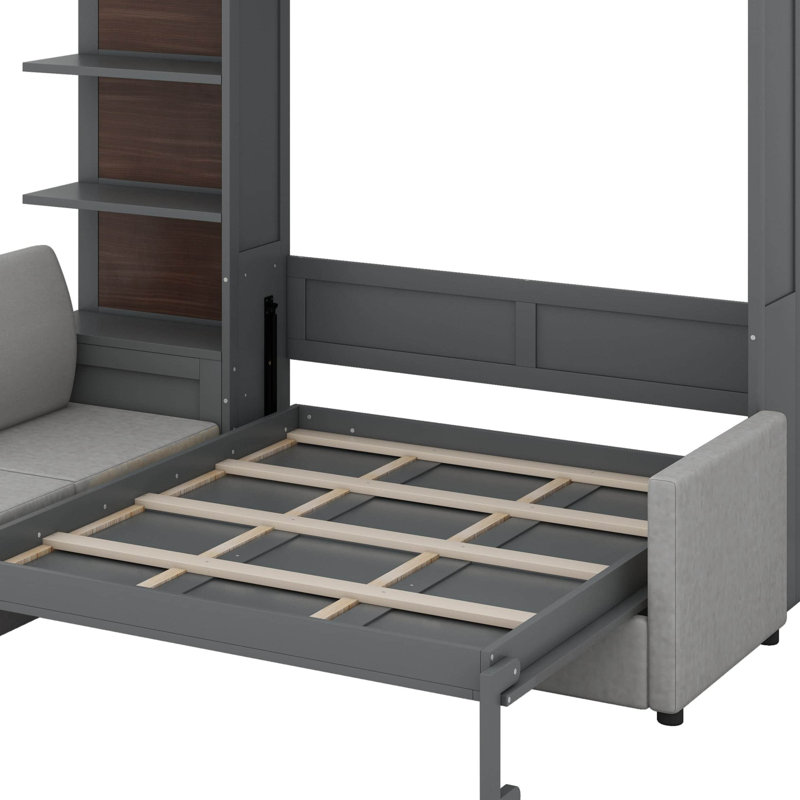 Grand lit escamotable avec tablettes, Gris