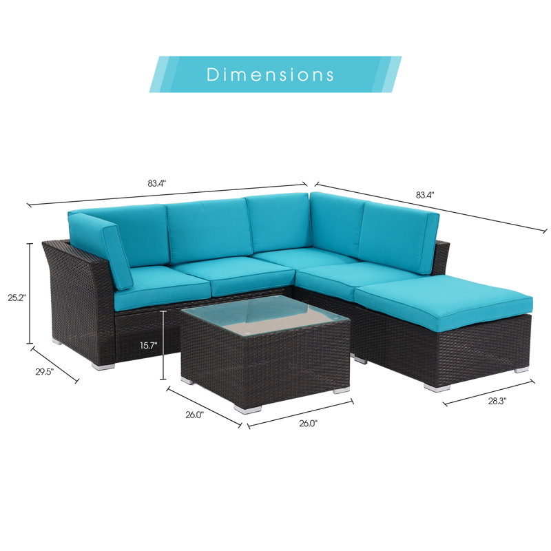 Ensemble de conversation modulaire en rotin 4 pièces avec coussins, Bleu