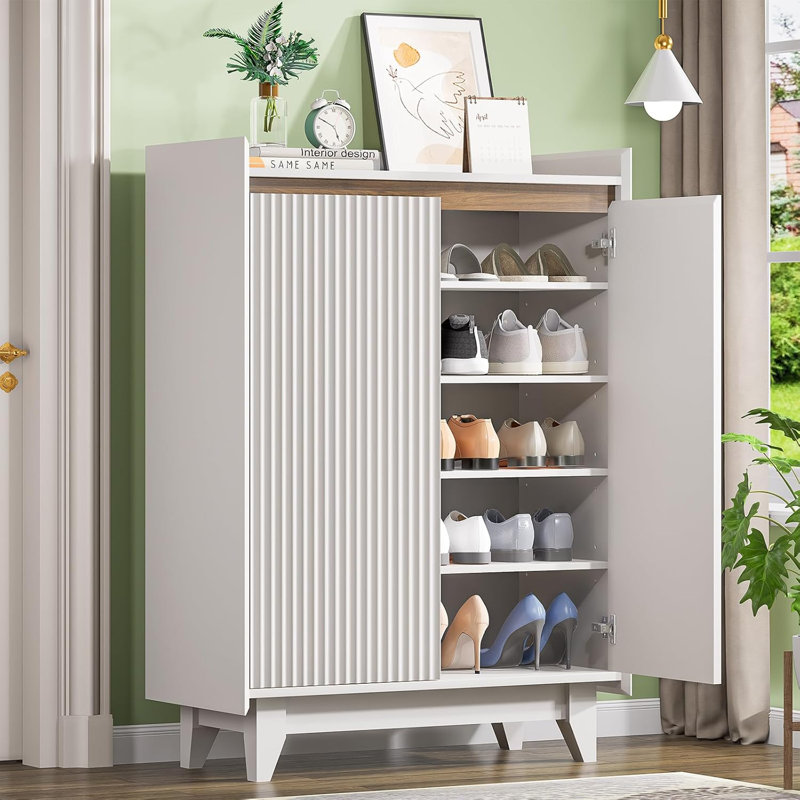 White & Walnut Wave Fluted 5-Tier Shoe Cabinet, Tall Entryway Shoe Storage with Adjustable Shelves, Freestanding Shoe Rack Organizer for Hallway, Living Room