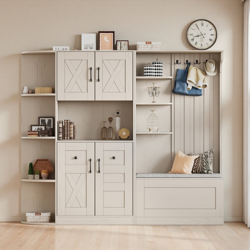 Multifunctional Left-Right Combination Hall Cabinet (Can Be Used Separately) With Storage And 4 Hooks, Storage Cabinet/ Hall Tree 2 In 1 For Living Room