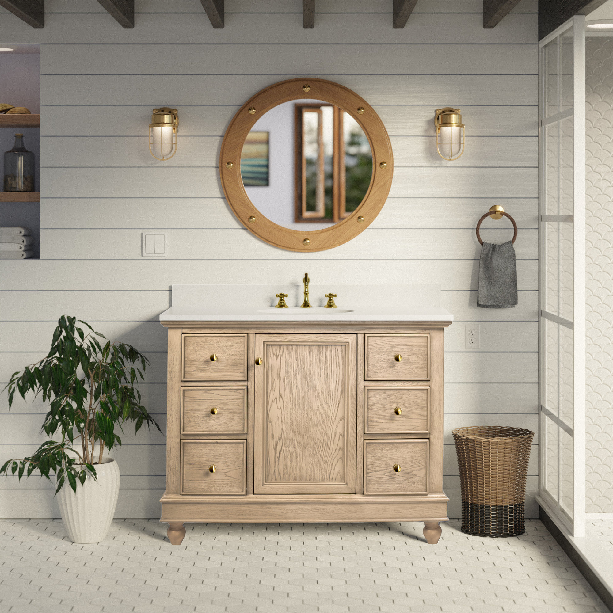 Ferdinand 42'' Single Bathroom Vanity, Engineered White, Greige Oak