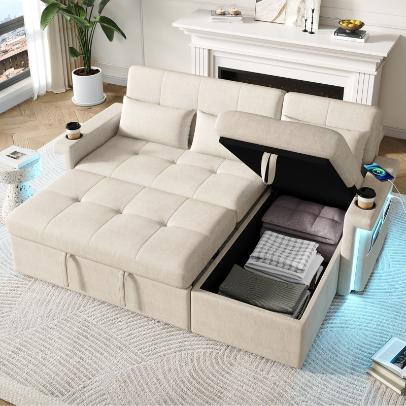 3 Seater Chenille Sofa Bed, Beige