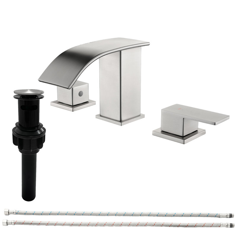 Waterfall 8 In. Widespread Double-Handle Bathroom Faucet Set 3-Holes Vanity Sink With Metal Drain, Brushed Nickel