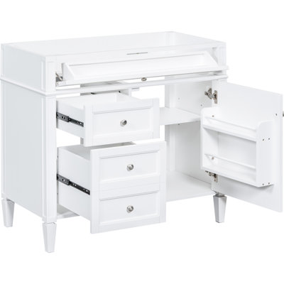 Meuble-lavabo de 91 cm (36 po) sans vasque. Rangement moderne avec 2 tiroirs et un tiroir basculant. Bois massif. Pratique. Blanc. Rangement dissimulé. Glissières de tiroir en métal lisse. Design élégant avec pieds romains.