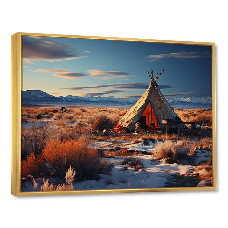Tribal tipi paysage sur toile, H 34 po x l 44 po x P 1,5 po, Cadre flottant doré