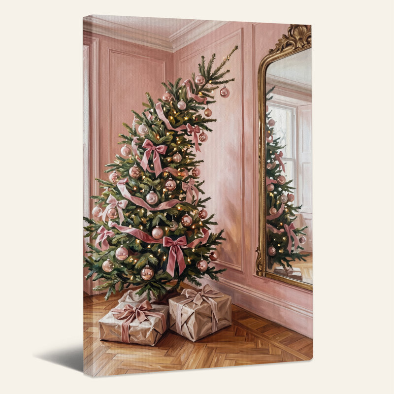 Arbre vert avec rubans roses dans une pièce rose, art mural sur toile de Noël, H 18 po x l 12 po