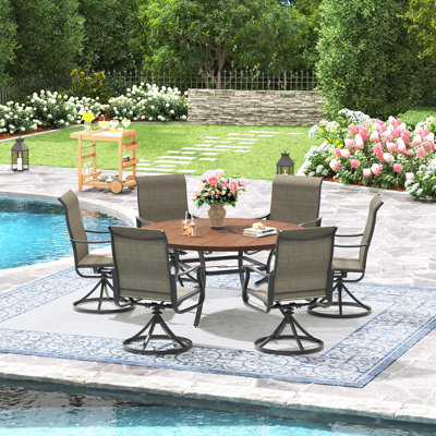 6-Person Patio Dining Set with 53" Round Metal Dining Table and 6 Swivel PVC-coated polyester Chairs