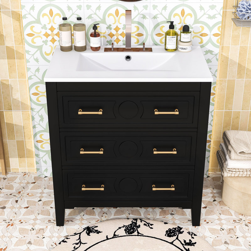 Élégant meuble-lavabo compact avec lavabo en céramique, tiroirs de rangement et protection anti-débordement, Noir