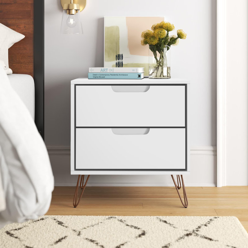 Rockefeller 20" Mid-Century Modern 2-Drawer Nightstand in White, White
