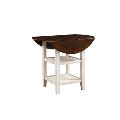 Table à hauteur de comptoir avec aspect bicolore, blanc délavé et cerisier foncé, abattant, 4 sièges blanc et cerisier, 2 tablettes inférieures, sièges pour la maison