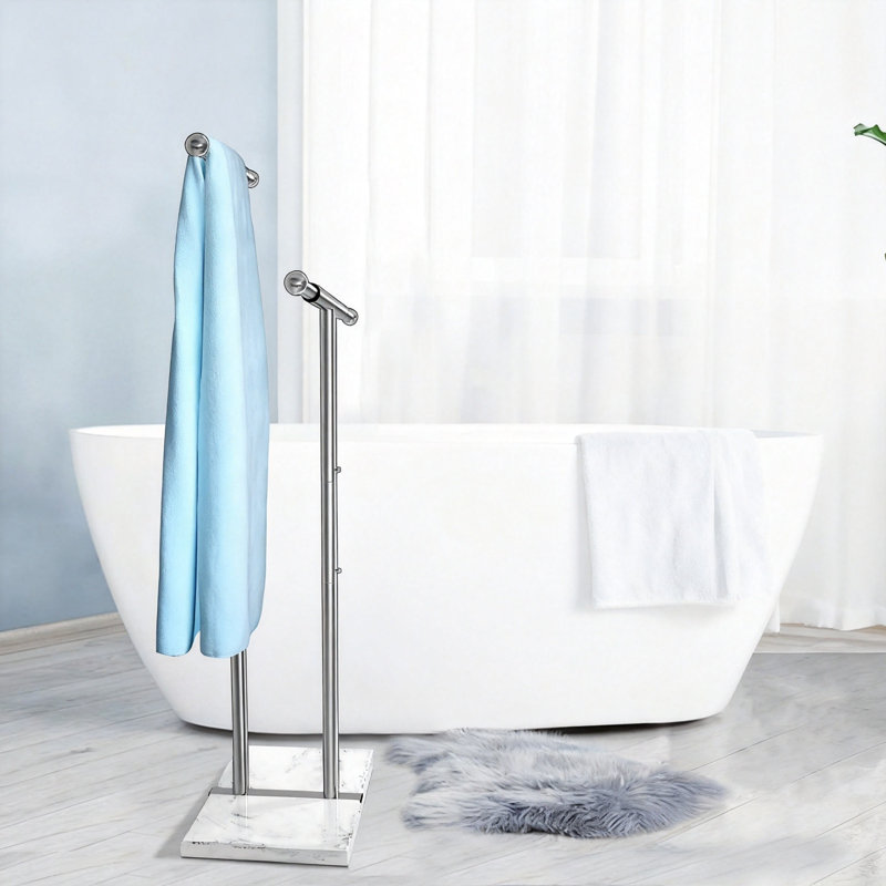 Porte-serviettes sur pied avec base en marbre lesté, support à serviettes de salle de bain réglable en hauteur et plus grand, 2 niveaux, (finition brossée)