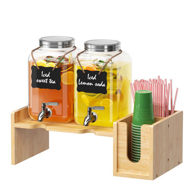 Glass Drink Dispenser with Bamboo Stand, Glass Beverage Dispenser with Spigot for Parties, Juice Dispenser with Ice Core, Chalkboard Labels, Cup and Straw Holder, 2 Pack, (Natural)