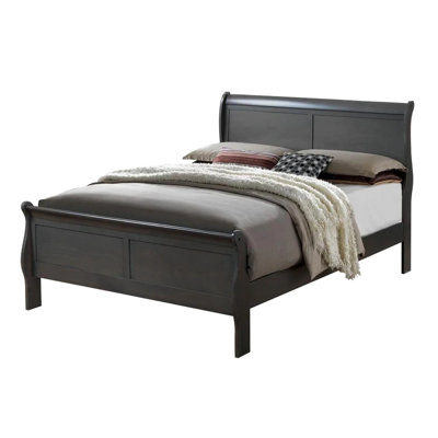 Queen Size Gray Bed, Transitional Design, Solid Wood, Bedroom Furniture, Foundation Necessary
