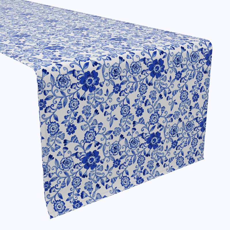 Table Runner, 100% Cotton, 16X108", Watercolor Flowers On Vines Blue, 108" L x 16" W
