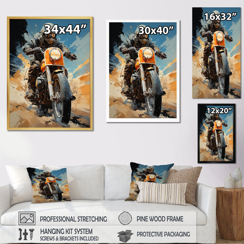 Vélo orange et bleu sur toile, Cadre doré simple, H 20 po x l 12 po x P 1 po