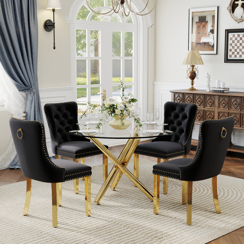 Ensemble de salle à manger à piédestal rond 5 pièces avec chaise capitonnée en velours pour salle à manger et salon, Noir