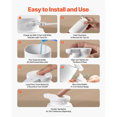 Distributeur de savon, 300 ml / 10 oz, 2 niveaux réglables, distributeur automatique de savon à main rechargeable avec pompe, contenant en mousse liquide sans contact avec indicateur pour salle de bain et cuisine, blanc