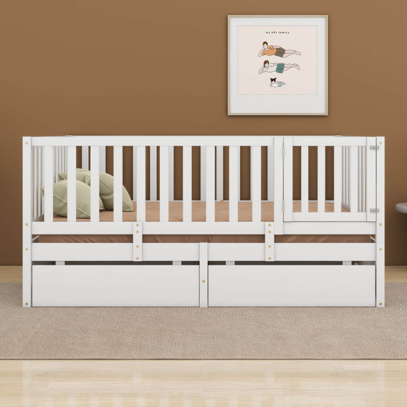 Dytrell Full Size Wood Daybed with Fence Guardrails and 2 Drawers, White