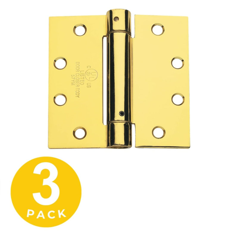 4.5 in. x 4.5 in. Full Mortise Spring With Non-Removable Pin Squared Hinge, Bright Brass