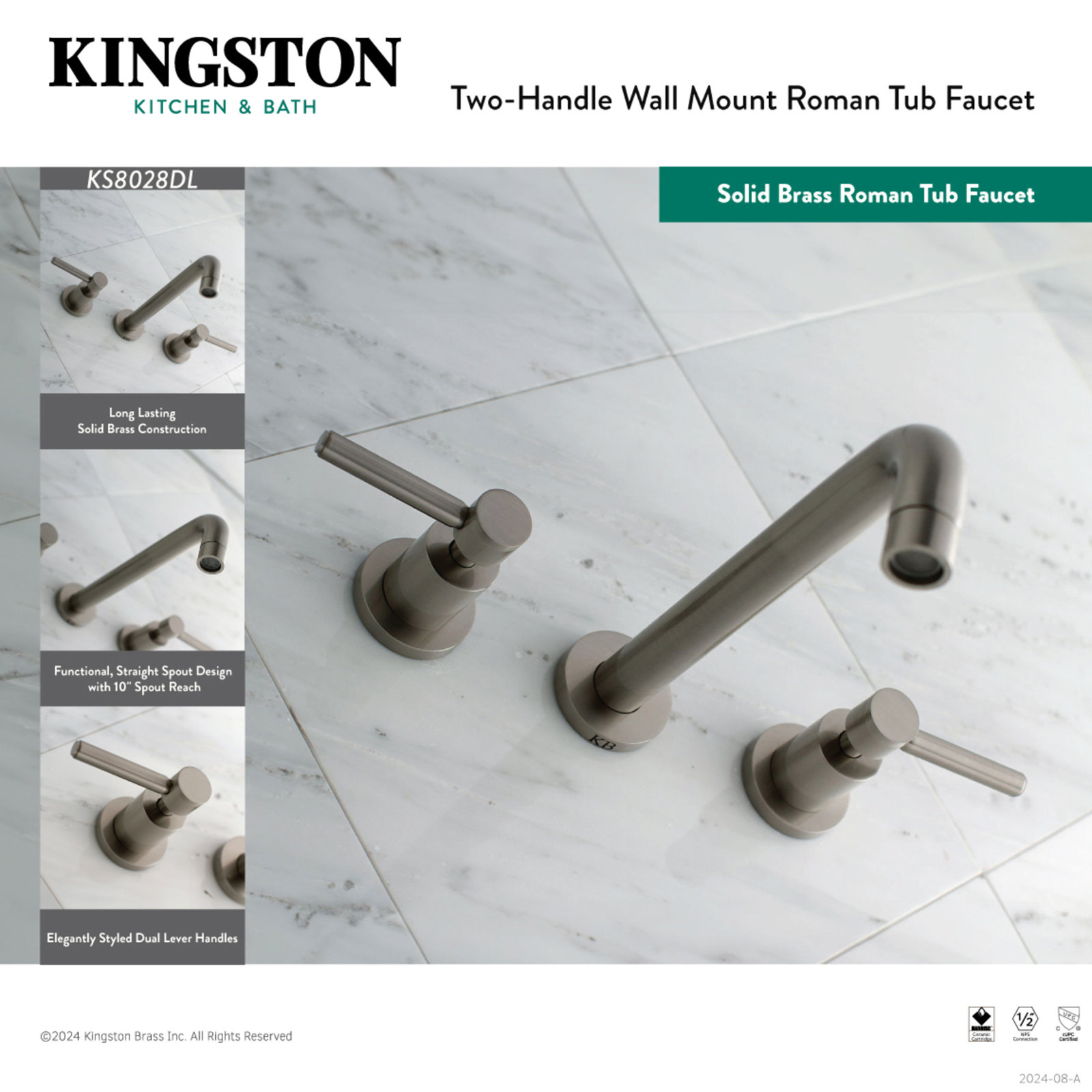 Concord Wall-Mounted Tub Spout, Polished Chrome