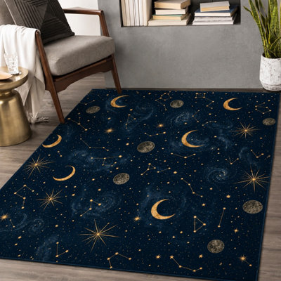 1Pcs Celestial Moon and Stars Constellation Design - Printed Soft Fabric Rug, Washable Easy to Clean, Large Thin Area, Non-Slip Backing, Suitable for Living Room, Bedroom, Kitchen Office Indoor Use for home detor