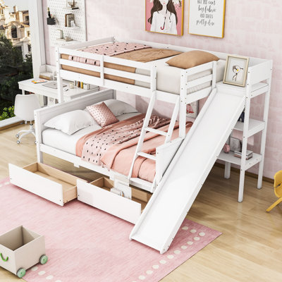 Twin Over Full 2 Drawers Wooden Bunk Bed With Slide And Shelves by Harriet Bee