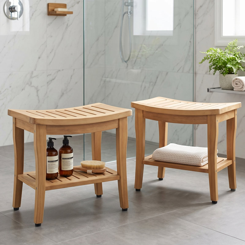 Solid Teak Wood Spa Stool with Storage Shelf (Set of 2), 2