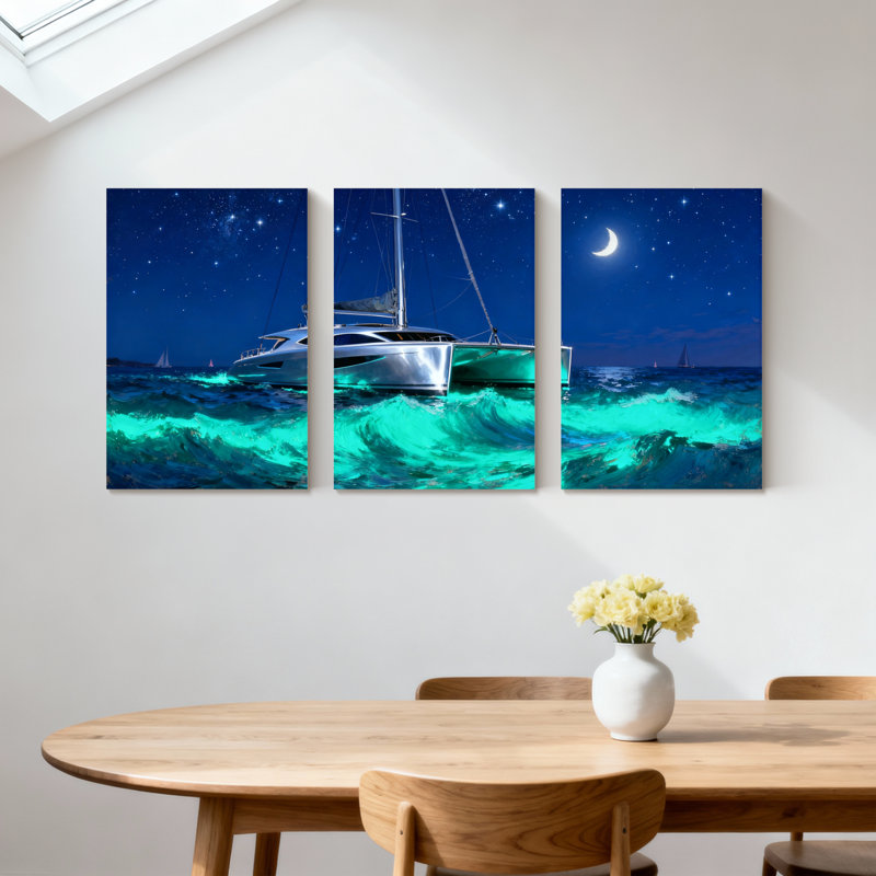 Nautique nuit océan Yacht étoiles lune vagues voilier ciel ensemble de 3 impressions d'art sur toile, H 24 po x l 48 po