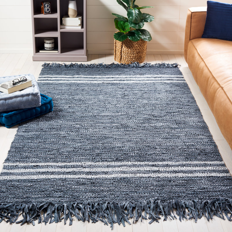 Kristell Vintage Leather Hand Woven Leather/Cotton Striped Rug in Gray/vory, Rectangle 6' x 9'