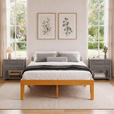 Ensemble de chambre à coucher 3 pièces en bois minimaliste, base de lit plateforme en bois avec 2 tiroirs de rangement